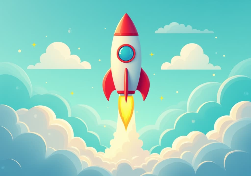  good quality, high quality, a colorful rocket launching through clouds, symbolizing adventure and exploration in a vibrant, animated style.