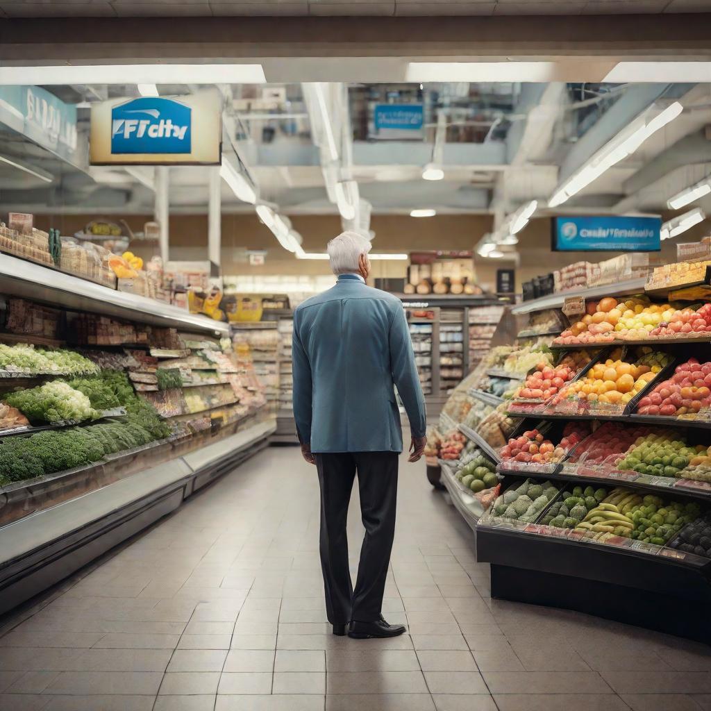  Elderly man with grey hair, clean shaven, blue shirt and black slacks in front of a grocery store, man is facing the doors of the grocery store with his back to the camera. View is from the street hyperrealistic, full body, detailed clothing, highly detailed, cinematic lighting, stunningly beautiful, intricate, sharp focus, f/1. 8, 85mm, (centered image composition), (professionally color graded), ((bright soft diffused light)), volumetric fog, trending on instagram, trending on tumblr, HDR 4K, 8K