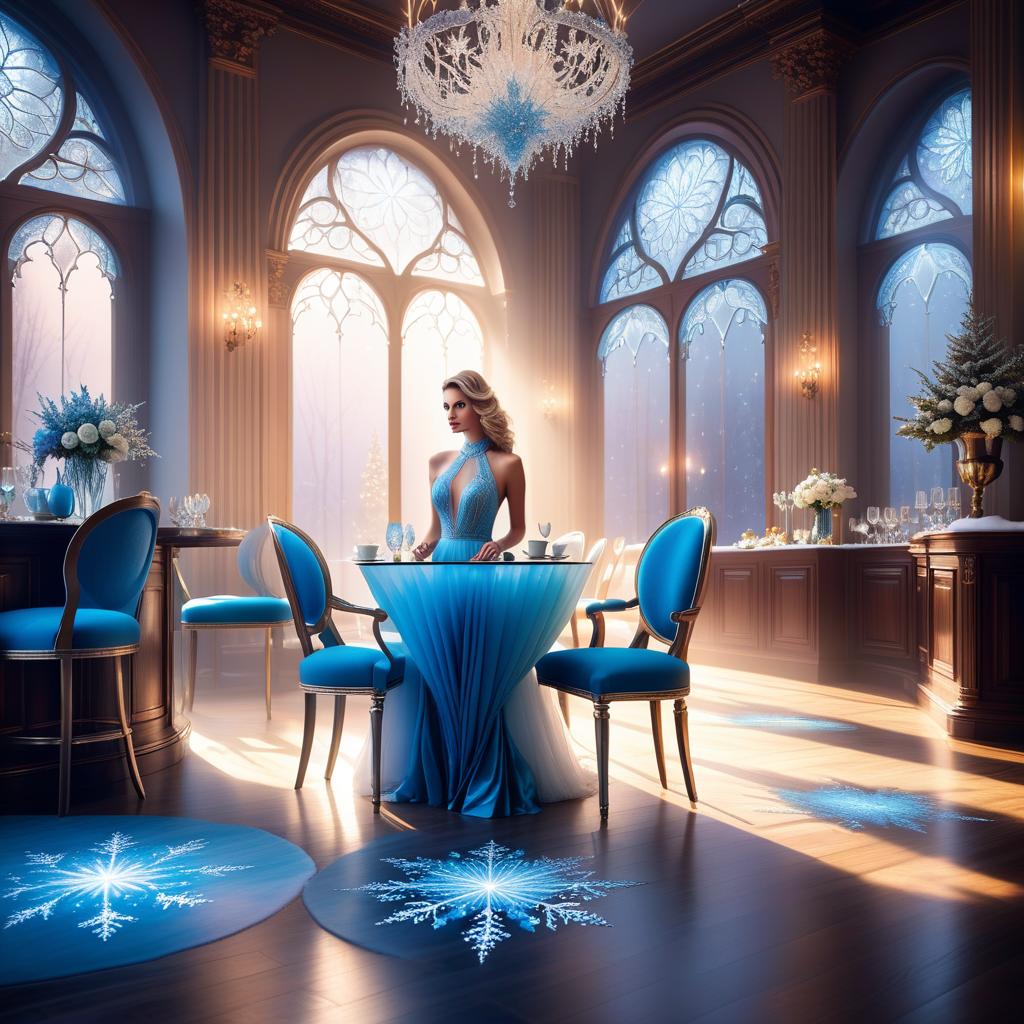  ethereal fantasy concept art of (Cafe interior). (Floor and walls):decorated with snowy intricate patterns of blue, white, silver snowflakes. (Furniture): elegant tables and chairs are forged from ice crystals and sparkle in the starlight. The windows are covered with openwork curtains made of frost. . magnificent, celestial, ethereal, painterly, epic, majestic, magical, fantasy art, cover art, dreamy hyperrealistic, full body, detailed clothing, highly detailed, cinematic lighting, stunningly beautiful, intricate, sharp focus, f/1. 8, 85mm, (centered image composition), (professionally color graded), ((bright soft diffused light)), volumetric fog, trending on instagram, trending on tumblr, HDR 4K, 8K