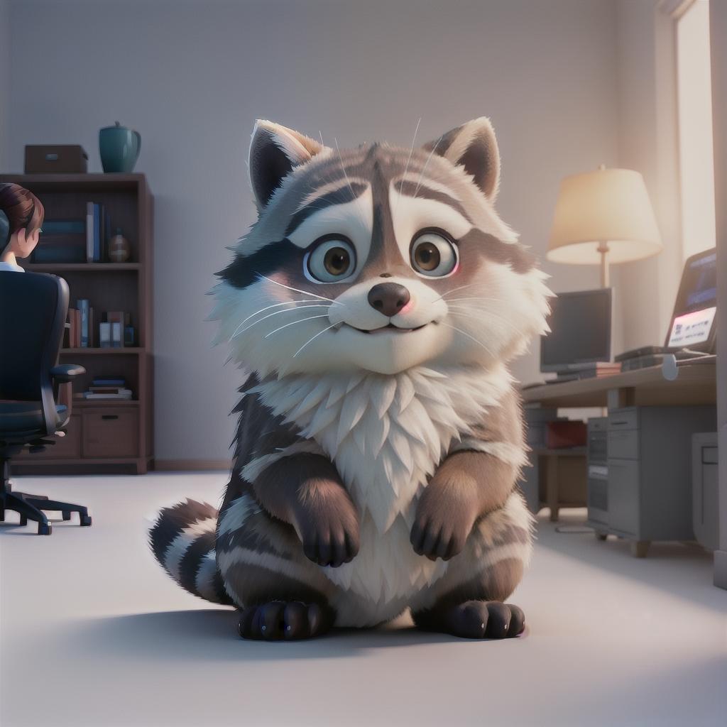  raccoon sitting in gaming chair front a computer on desktop, ((semi anthropomorphic)),(full body), tail, belly, sitting, fat, (chubby), (((white background))), solo, desktop, gaming chair, side view,  [[[clothes]]] hyperrealistic, full body, detailed clothing, highly detailed, cinematic lighting, stunningly beautiful, intricate, sharp focus, f/1. 8, 85mm, (centered image composition), (professionally color graded), ((bright soft diffused light)), volumetric fog, trending on instagram, trending on tumblr, HDR 4K, 8K