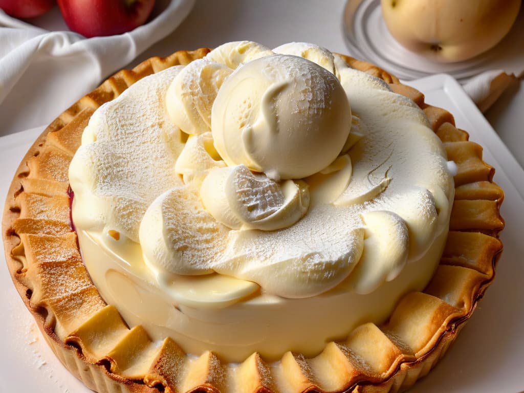  A closeup, ultradetailed image of a perfectly sculpted scoop of creamy vanilla ice cream being delicately placed on top of a freshly baked warm apple pie, with wisps of steam rising from the pie and tiny droplets of condensation glistening on the scoop of ice cream. The contrasting textures of the flaky crust, gooey apple filling, and smooth ice cream create a visually captivating scene that epitomizes the art of dessert presentation. hyperrealistic, full body, detailed clothing, highly detailed, cinematic lighting, stunningly beautiful, intricate, sharp focus, f/1. 8, 85mm, (centered image composition), (professionally color graded), ((bright soft diffused light)), volumetric fog, trending on instagram, trending on tumblr, HDR 4K, 8K