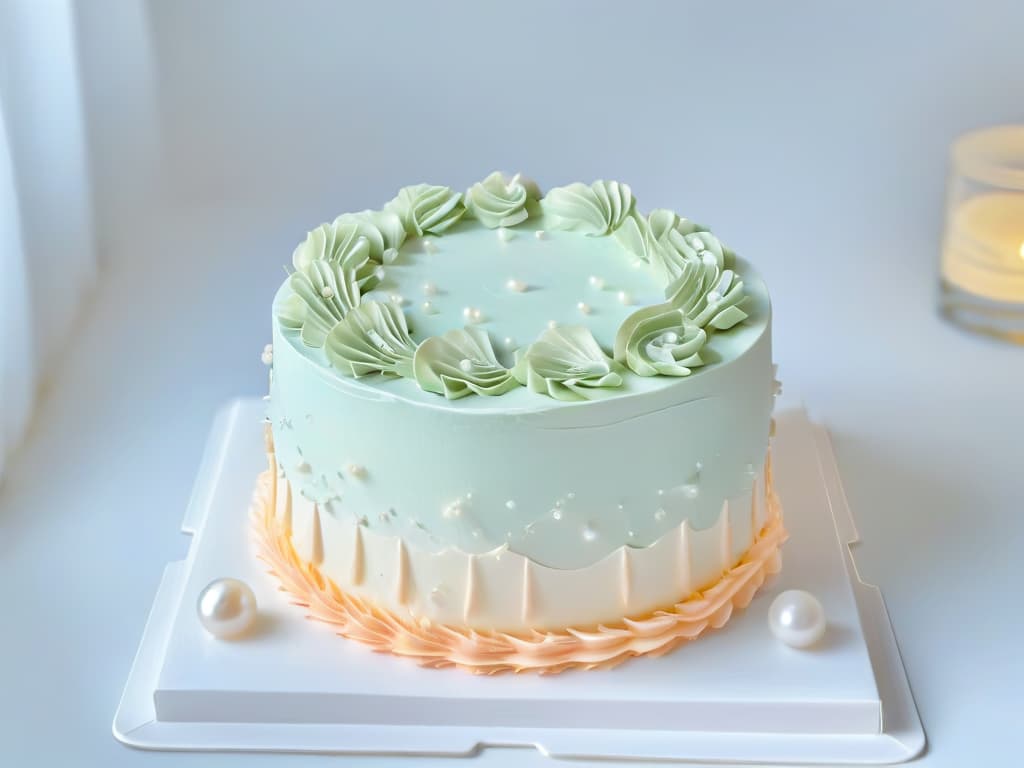  An ultradetailed, minimalist image of an intricate, multilayered cake with delicate fondant decorations in pastel colors, displayed on a sleek, modern cake stand against a soft, blurred background. The cake is perfectly symmetrical, showcasing meticulous piping work and tiny edible pearls, embodying elegance and sophistication. hyperrealistic, full body, detailed clothing, highly detailed, cinematic lighting, stunningly beautiful, intricate, sharp focus, f/1. 8, 85mm, (centered image composition), (professionally color graded), ((bright soft diffused light)), volumetric fog, trending on instagram, trending on tumblr, HDR 4K, 8K