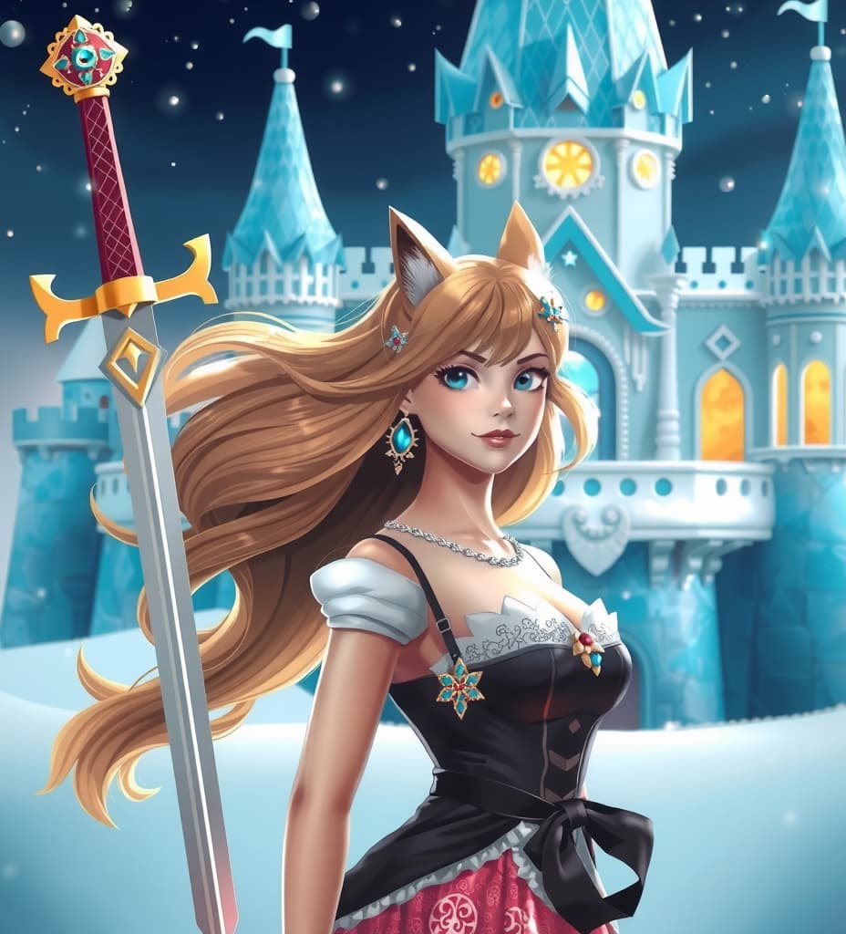  good quality, high quality, realistic looking beautiful princess of the ice castle with a sword and wolf and tail