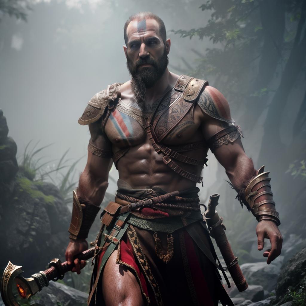  God of war hyperrealistic, full body, detailed clothing, highly detailed, cinematic lighting, stunningly beautiful, intricate, sharp focus, f/1. 8, 85mm, (centered image composition), (professionally color graded), ((bright soft diffused light)), volumetric fog, trending on instagram, trending on tumblr, HDR 4K, 8K