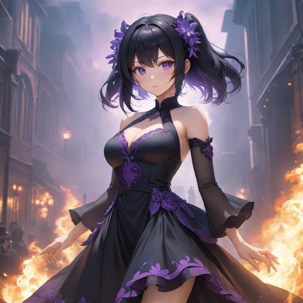  Anime in and purple fire, with black hair, black dress hyperrealistic, full body, detailed clothing, highly detailed, cinematic lighting, stunningly beautiful, intricate, sharp focus, f/1. 8, 85mm, (centered image composition), (professionally color graded), ((bright soft diffused light)), volumetric fog, trending on instagram, trending on tumblr, HDR 4K, 8K