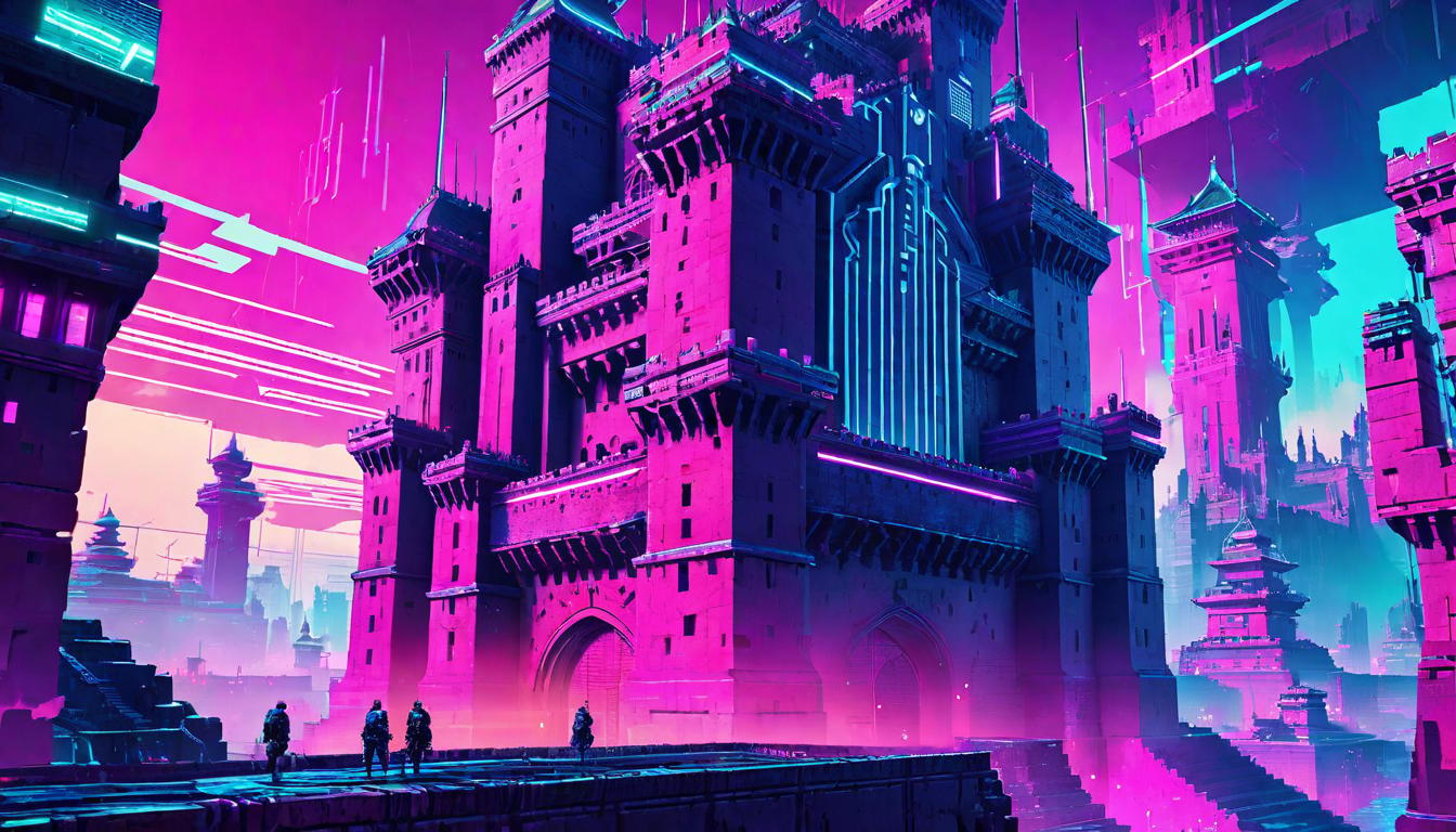  vaporwave,cyberpunk game style A fortress with walls visibly cracking, the strain of defiance against authority, Breaking barriers, the erosion of entrenched power, Crumbling defenses, a visual metaphor for resistance, Structural weakening, the challenge of changeeon, dystopian, futuristic, digital, vibrant, detailed, high contrast, reminiscent of cyberpunk genre video games,retro aesthetic, cyberpunk, vibrant, neon colors, vintage 80s and 90s style, highly detailed