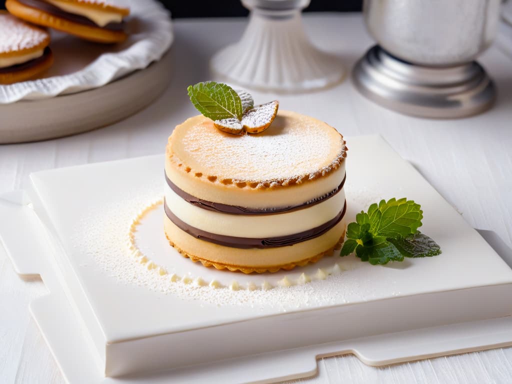  A highresolution, minimalist image of a beautifully plated alfajor, a traditional South American dessert, elegantly presented on a sleek, modern white plate. The alfajor is delicately dusted with powdered sugar and accompanied by a single sprig of fresh mint, showcasing its exquisite layers of dulce de leche sandwiched between two buttery cookies. The soft lighting highlights the textures and contrasts of the dessert, creating a visually appealing and sophisticated composition that perfectly captures the essence of traditional South American sweets. hyperrealistic, full body, detailed clothing, highly detailed, cinematic lighting, stunningly beautiful, intricate, sharp focus, f/1. 8, 85mm, (centered image composition), (professionally color graded), ((bright soft diffused light)), volumetric fog, trending on instagram, trending on tumblr, HDR 4K, 8K