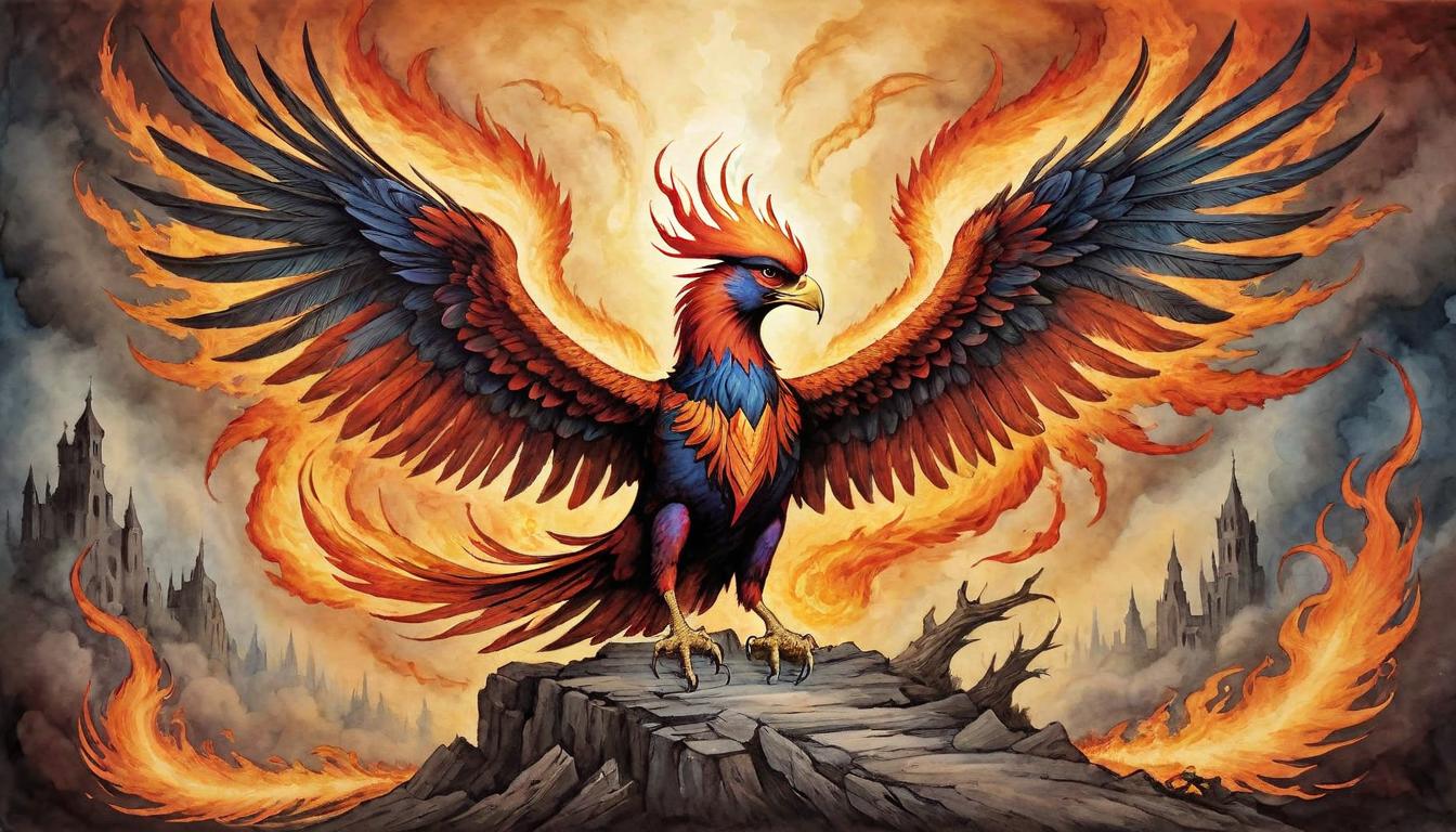  on parchment, surrealism+++, Phoenix rising from the ashes, wings outstretched and glowing with fiery intensity, representing rebirth, resurrection, powerful, dynamic(mysterious, provocative, symbolic,muted color)+++