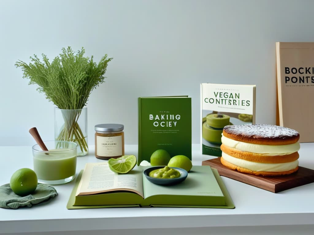  A beautifully minimalist image of a serene kitchen setting with sleek countertops, modern cooking utensils neatly organized, and a stack of vegan baking cookbooks prominently displayed. The image showcases a calming color palette of soft neutrals and muted greens, creating a tranquil and inviting atmosphere perfect for a budding vegan pastry chef seeking inspiration and resources. hyperrealistic, full body, detailed clothing, highly detailed, cinematic lighting, stunningly beautiful, intricate, sharp focus, f/1. 8, 85mm, (centered image composition), (professionally color graded), ((bright soft diffused light)), volumetric fog, trending on instagram, trending on tumblr, HDR 4K, 8K