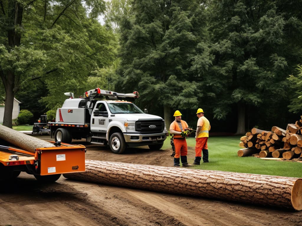  create a realistic photograph related to tree removal services. setting should be in a suburban area, outdoor scenery with trees, equipment, workers in safety gear with real looking people. Have a tone of professionalism effiency, and safety.