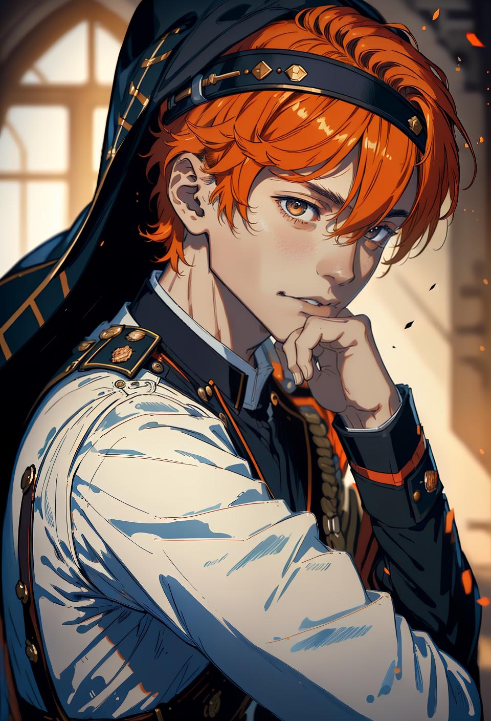  ((trending, highres, masterpiece, cinematic shot)), 1boy, young, male military uniform, medieval fantasy scene, short straight orange hair, side locks hairstyle,  dark eyes, gentle personality, relaxed expression, dark skin, lively, energetic