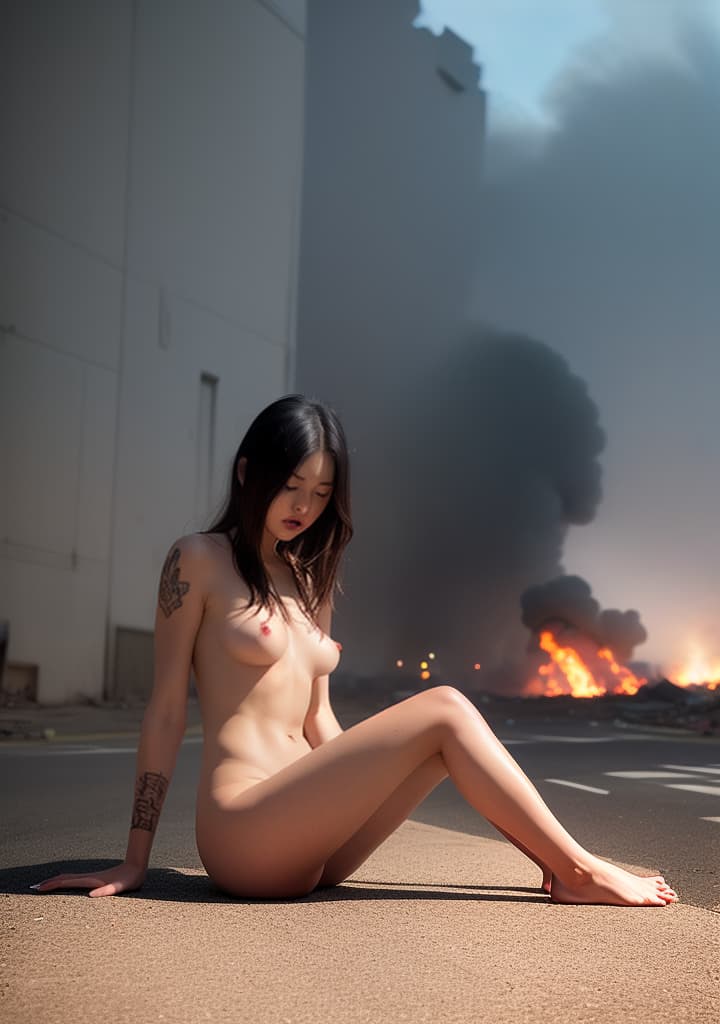  ((Woman, nude, body tattoos, sitting with legs spread, with a dildo in her pussy, sitting in the middle of the road, behind is an abandoned building, war, explosion, multi-colored smoke, building on fire, BLURRED BOKEH)),(), beautiful, high quality,masterpiece,extremely detailed,high res,4k,ultra high res,detailed shadow,ultra realistic,dramatic lighting,bright light
