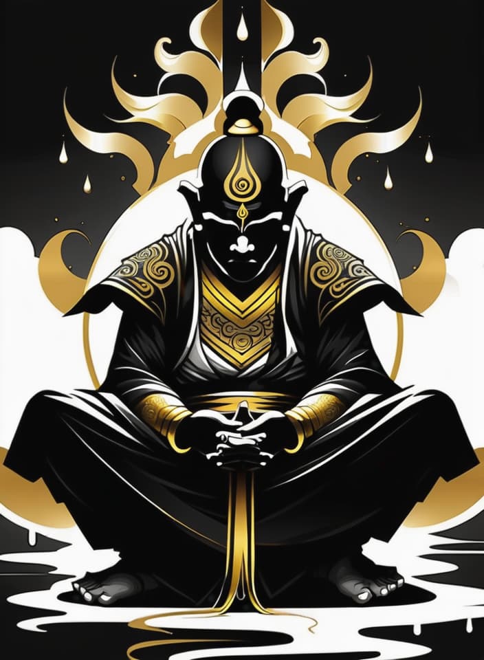  (Only use the color black, white and gold), Gold and black tattoo designs; a crying warrior monk in deep meditation