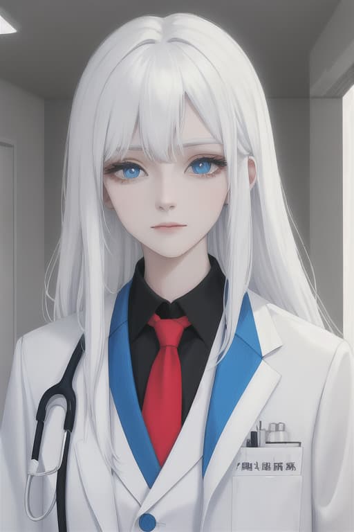  Beautiful girl, white hair, long hair, doctor, white coat, hospital, black shirt, red tie, blue eyes