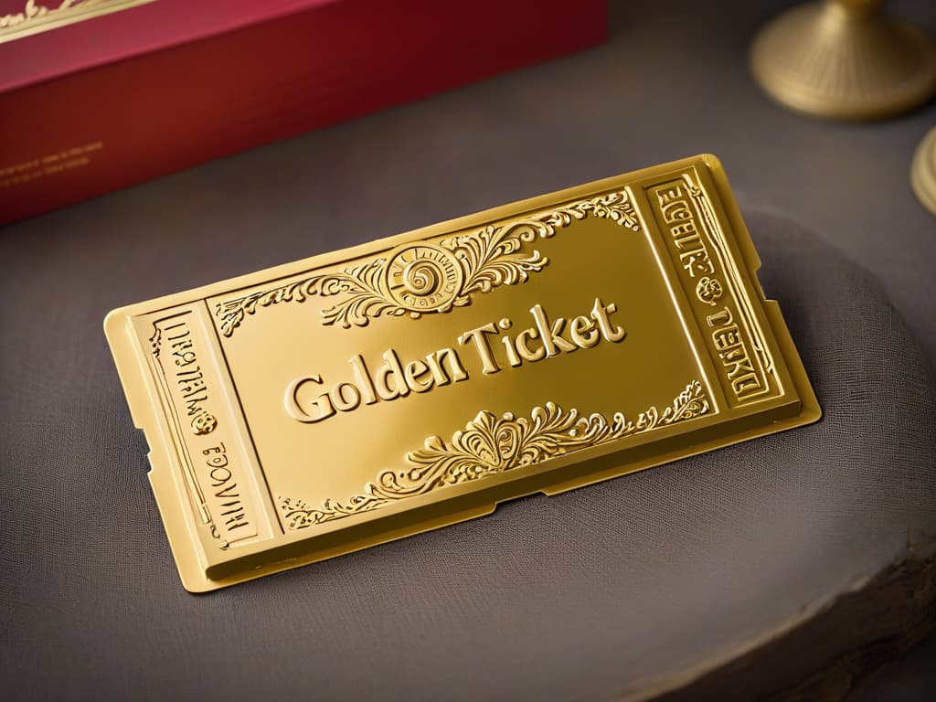  A detailed, ultrahighresolution image of a whimsical, minimalistic golden ticket from the iconic Willy Wonka chocolate factory, with intricate embossing, shimmering gold foil accents, and delicate calligraphy detailing the words "Golden Ticket" in an elegant, enchanting font. This image captures the essence of exclusivity, magic, and sweetness associated with the world of Wonka, inviting viewers to embark on a journey of chocolatey delights and secret recipes. hyperrealistic, full body, detailed clothing, highly detailed, cinematic lighting, stunningly beautiful, intricate, sharp focus, f/1. 8, 85mm, (centered image composition), (professionally color graded), ((bright soft diffused light)), volumetric fog, trending on instagram, trending on tumblr, HDR 4K, 8K