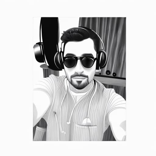  pencil sketch of a man with headphones listen music, sketch, best quality, masterpiece