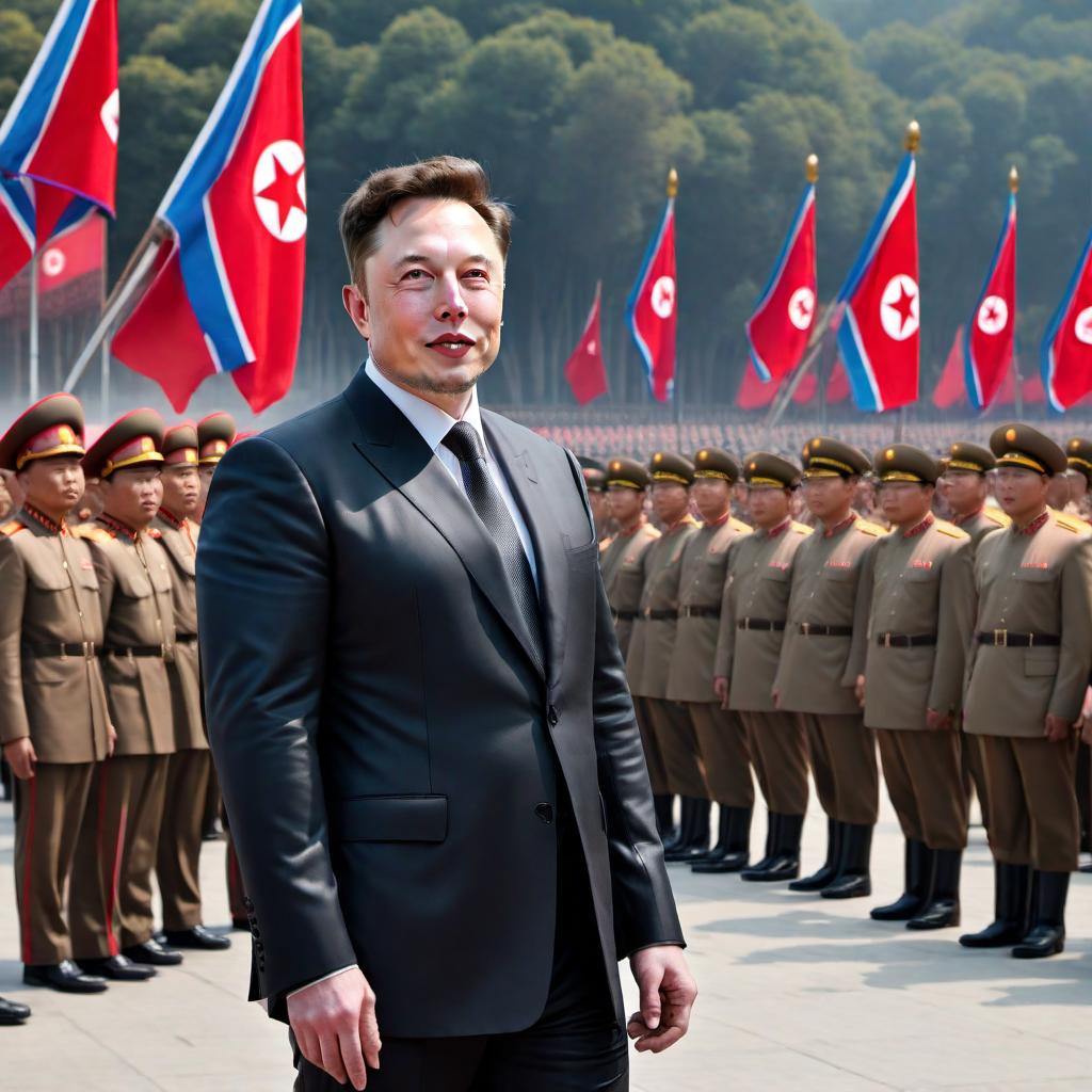  Elon Musk as the leader of North Korea, waving to a military parade. He is dressed in the traditional attire of a North Korean leader and surrounded by North Korean military officials and soldiers. The environment should clearly represent a North Korean military parade, with Korean People's Army flags, large portraits typically seen in parades, and civilian spectators cheering. The image should have a realistic style, as if it were an actual photo taken at the event. hyperrealistic, full body, detailed clothing, highly detailed, cinematic lighting, stunningly beautiful, intricate, sharp focus, f/1. 8, 85mm, (centered image composition), (professionally color graded), ((bright soft diffused light)), volumetric fog, trending on instagram, trending on tumblr, HDR 4K, 8K