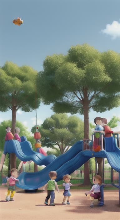  {Children playing in a sunny park with swings and slides., Same group of happy children, now wearing casual play clothes.