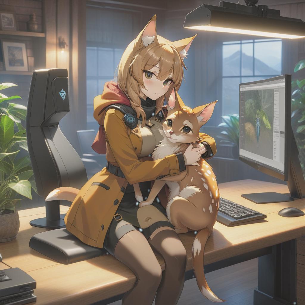  concept art female neko hug fawn , he is sitting at a table, in front of him is a computer screen . digital artwork, illustrative, painterly, matte painting, highly detailed hyperrealistic, full body, detailed clothing, highly detailed, cinematic lighting, stunningly beautiful, intricate, sharp focus, f/1. 8, 85mm, (centered image composition), (professionally color graded), ((bright soft diffused light)), volumetric fog, trending on instagram, trending on tumblr, HDR 4K, 8K