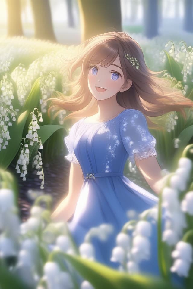  (Lily of the Valley) (Blue Dress) Miling, in Field of Bellflowers, Sun Through TreeS, High Quality, 8k , 16K