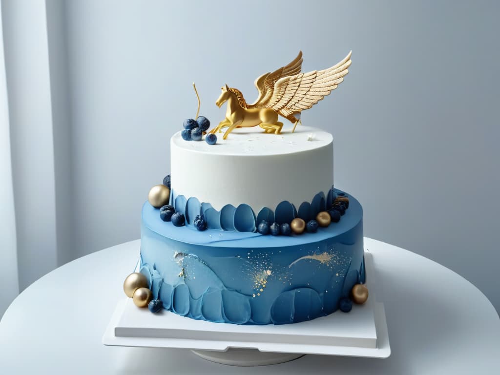  An elegant and minimalist image of a beautifully crafted cake featuring intricate designs inspired by Greek mythology, with elements like Pegasus, Medusa, and the Parthenon subtly incorporated into the frosting. The cake sits on a sleek, marble platter, against a clean white background, highlighting the artistry and creativity in blending classic mythology with the art of pastry making. The color scheme is a sophisticated blend of gold, white, and deep blue, creating a visually striking and tasteful representation of the fusion between ancient myths and modern culinary art. hyperrealistic, full body, detailed clothing, highly detailed, cinematic lighting, stunningly beautiful, intricate, sharp focus, f/1. 8, 85mm, (centered image composition), (professionally color graded), ((bright soft diffused light)), volumetric fog, trending on instagram, trending on tumblr, HDR 4K, 8K