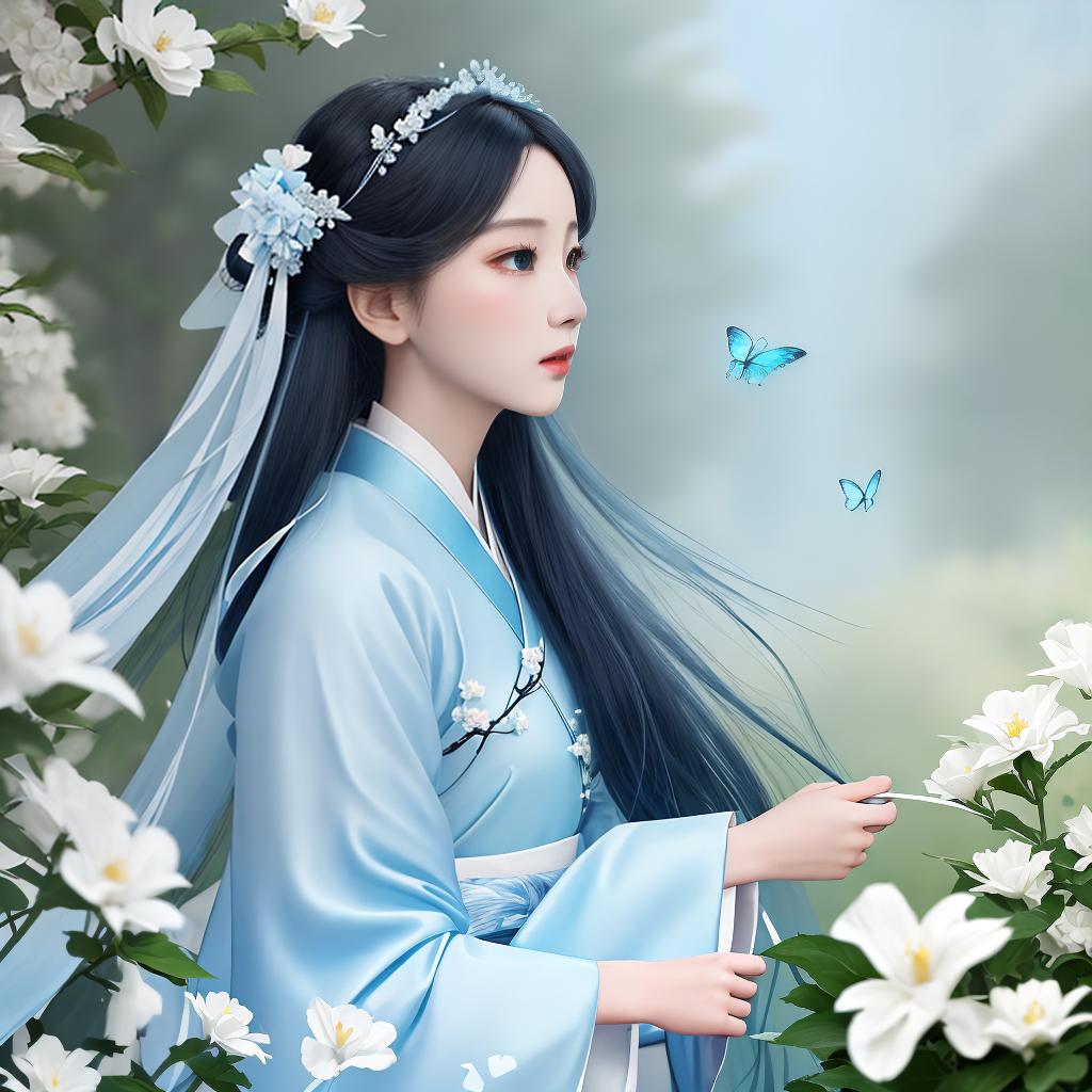  masterpiece, best quality,(fidelity: 1.4), best quality, masterpiece, super high resolution, poster, fantasy art, very detailed face, 8k resolution, chinese style, a woman, side profile, quiet, light blue hanfu, tulle coat, long black hair, light blue tassel hair accessory, hair clip, white ribbon, white flower bush, light blue butterfly fly, movie lighting effect