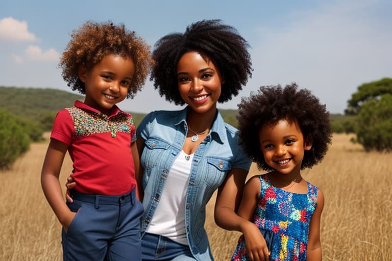  african family hyperrealistic, full body, detailed clothing, highly detailed, cinematic lighting, stunningly beautiful, intricate, sharp focus, f/1. 8, 85mm, (centered image composition), (professionally color graded), ((bright soft diffused light)), volumetric fog, trending on instagram, trending on tumblr, HDR 4K, 8K