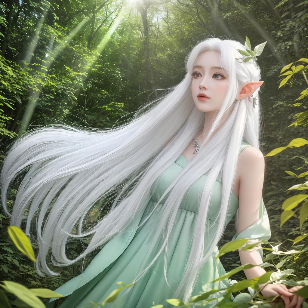  masterpiece, best quality, (masterpiece, best quality, high quality, super detail), realism, 1 sweet , bigger,(side id:1.1), long hair,((white hair)), leaf hair accessory, elf, green eyes, pale skin, bare shoulders, jewelry, , celet,(away from sight:1.2),(hair floating:1.3), from the side,(in the forest:1.3),(lens flare from right:1.2)