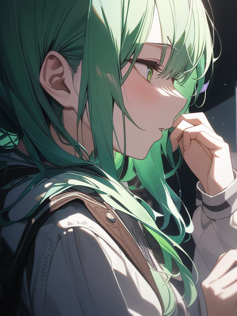  Green hair character's true expression, masterpiece, best quality,8k,ultra detailed,high resolution,an extremely delicate and beautiful,hyper detail