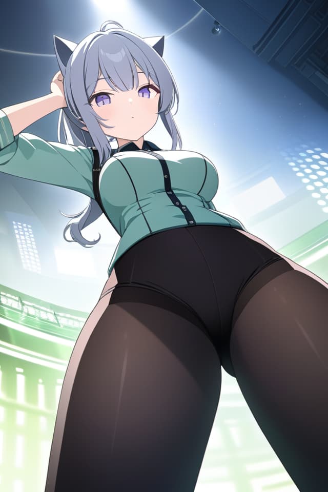  Silver Ponytail, (Cats Ear, Put A Big Green Color Ribon on the Head), (Purple Eyes, JITOME), Black Tights, From Below, S, masterpiece, ultimate quality), official art , Beautiful, (diffusion lighting, environmental lighting), detailed skin texture, best shadow, very detail, colorful, 8k Wallpaper, Raw Photoristic Detailed, Dutch Angle, 💩, 💩, 💩, hyperrealistic, full body, detailed clothing, highly detailed, cinematic lighting, stunningly beautiful, intricate, sharp focus, f/1. 8, 85mm, (centered image composition), (professionally color graded), ((bright soft diffused light)), volumetric fog, trending on instagram, trending on tumblr, HDR 4K, 8K