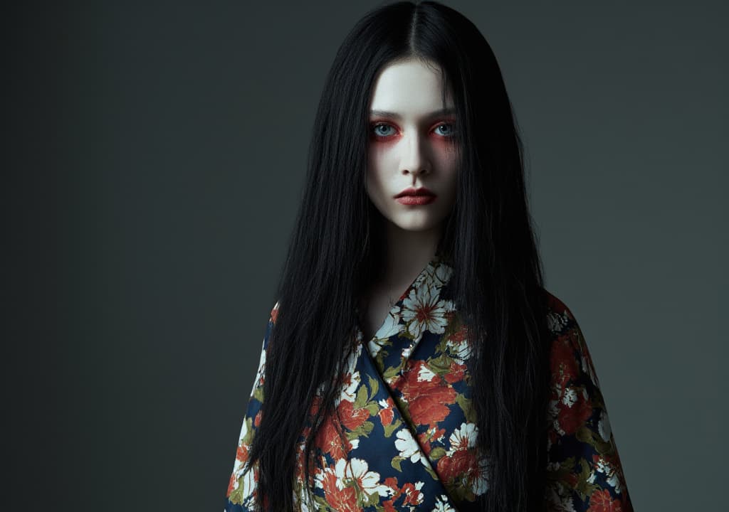  good quality, high quality, a haunting figure with pale white skin and long black hair, wearing a colorful kimono adorned with floral patterns | eerie, unsettling atmosphere | high fashion editorial photography | piercing blue eyes with red makeup