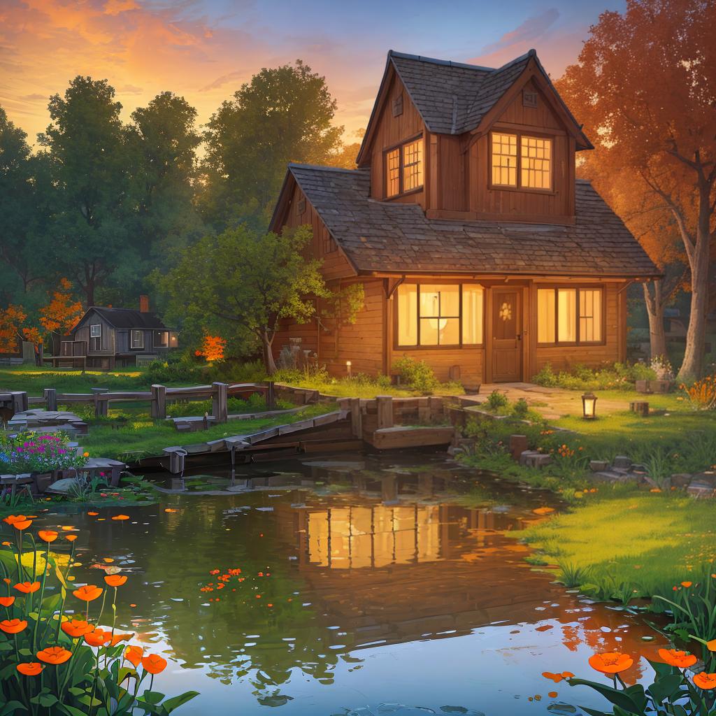  cozy cottage, brick road, pond, dingy boat, plants and wildflowers, orange sky., (highres, highly detailed:1.2), cinematic lighting, vibrant colors,(8K, high resolution), (masterpiece, best quality:1.2), highres, perfect anatomy,light particles, soft lighting, volumetric lighting, intricate details, finely detailed