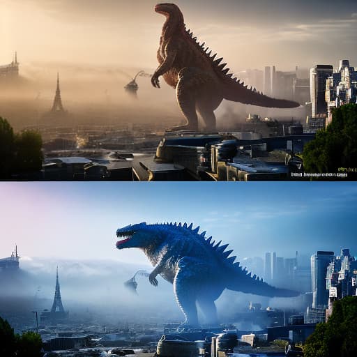 redshift style godzilla vs space godzilla en paris hyperrealistic, full body, detailed clothing, highly detailed, cinematic lighting, stunningly beautiful, intricate, sharp focus, f/1. 8, 85mm, (centered image composition), (professionally color graded), ((bright soft diffused light)), volumetric fog, trending on instagram, trending on tumblr, HDR 4K, 8K