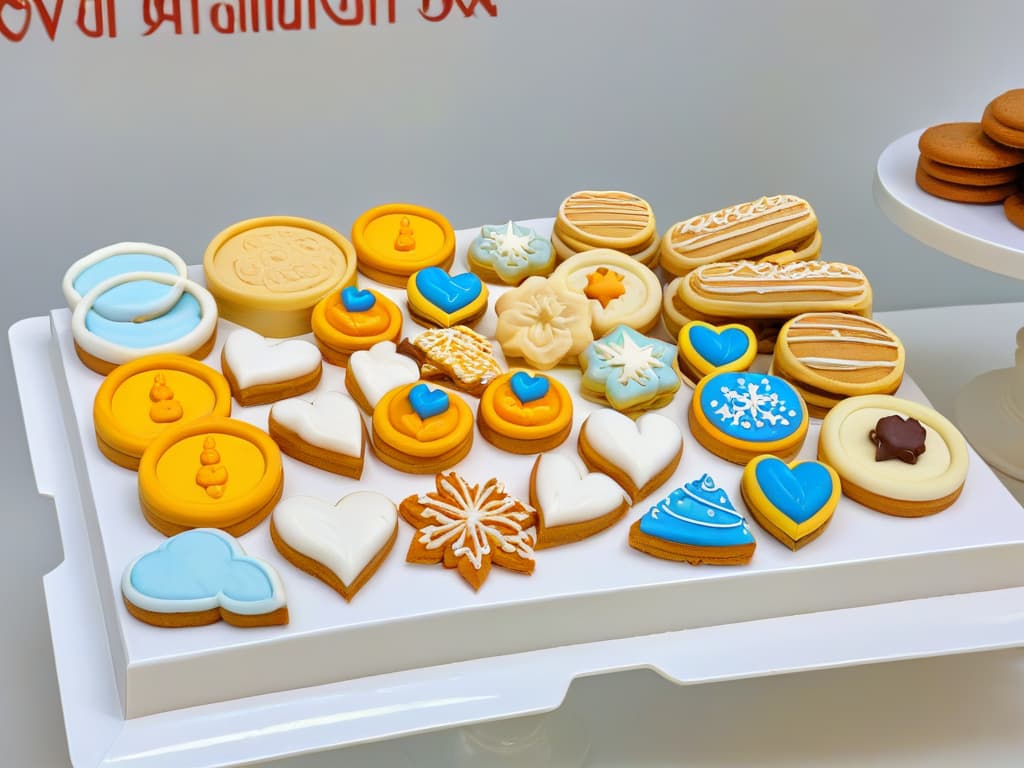  An ultrahighresolution image of a pristine white kitchen counter with a marble texture, featuring an array of freshly baked and intricately decorated cookies in various shapes and colors. Each cookie is meticulously adorned with delicate icing details, showcasing the artistry and craftsmanship involved in the cookie decoration process. The cookies are artfully arranged in a visually appealing pattern, creating a harmonious blend of colors and designs that exude both creativity and elegance. hyperrealistic, full body, detailed clothing, highly detailed, cinematic lighting, stunningly beautiful, intricate, sharp focus, f/1. 8, 85mm, (centered image composition), (professionally color graded), ((bright soft diffused light)), volumetric fog, trending on instagram, trending on tumblr, HDR 4K, 8K