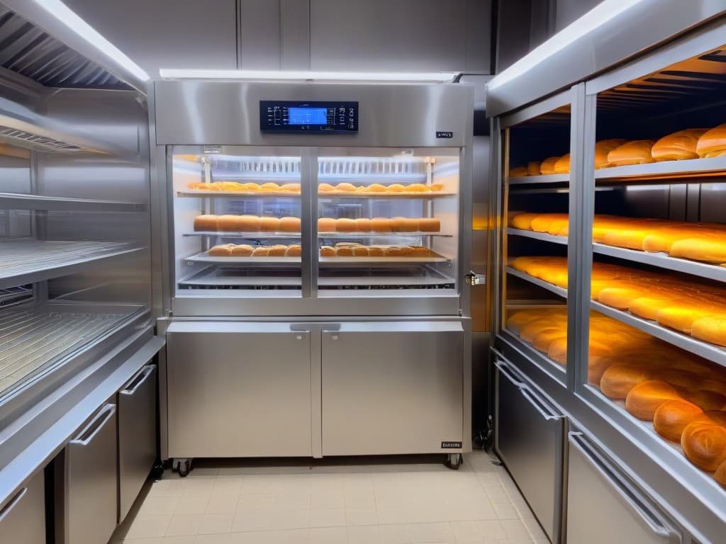  A minimalist, ultradetailed 8k image of a sleek, stainless steel fermentadora machine in a pristine bakery setting. The machine is illuminated with soft, ambient light, showcasing its intricate control panel and modern design. The background shows a glimpse of a busy artisanal bakery with wooden shelves filled with freshly baked bread, adding a touch of warmth and authenticity to the scene. hyperrealistic, full body, detailed clothing, highly detailed, cinematic lighting, stunningly beautiful, intricate, sharp focus, f/1. 8, 85mm, (centered image composition), (professionally color graded), ((bright soft diffused light)), volumetric fog, trending on instagram, trending on tumblr, HDR 4K, 8K