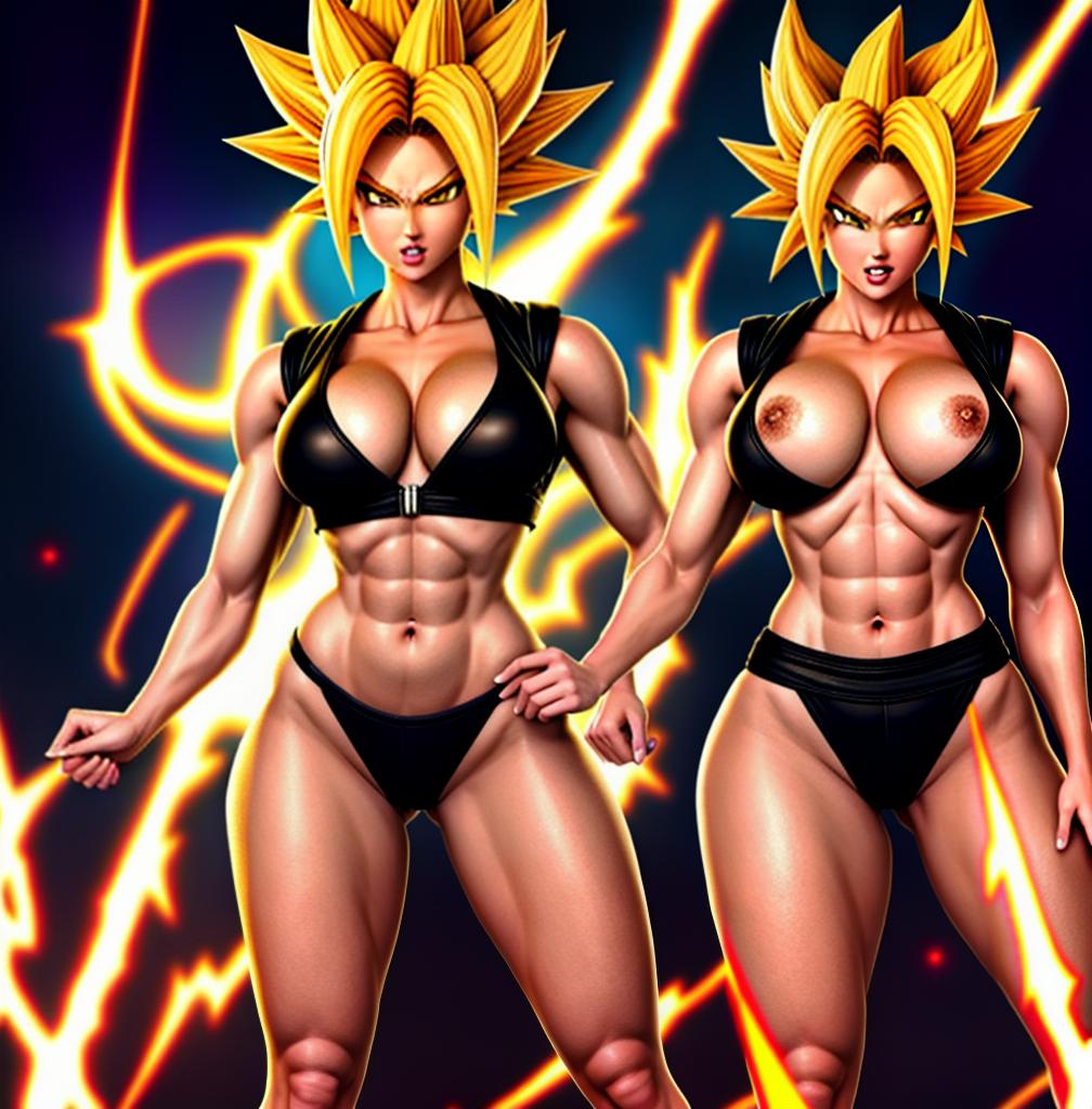  ((foto de cuerpo completo, pie plano, cuerpo recto)), ((laura {Super Super Saiyan mujer con grandes pechos})), ((lleva puesto son goku+Los disfraces de ella son extremadamente ajustados a su cuerpo.))