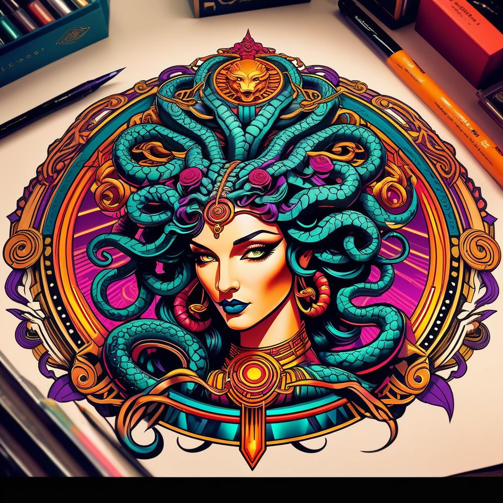  Art Deco style "Medusa Gorgon neon tattoo sketch" . geometric shapes, bold colors, luxurious, elegant, decorative, symmetrical, ornate, detailed hyperrealistic, full body, detailed clothing, highly detailed, cinematic lighting, stunningly beautiful, intricate, sharp focus, f/1. 8, 85mm, (centered image composition), (professionally color graded), ((bright soft diffused light)), volumetric fog, trending on instagram, trending on tumblr, HDR 4K, 8K