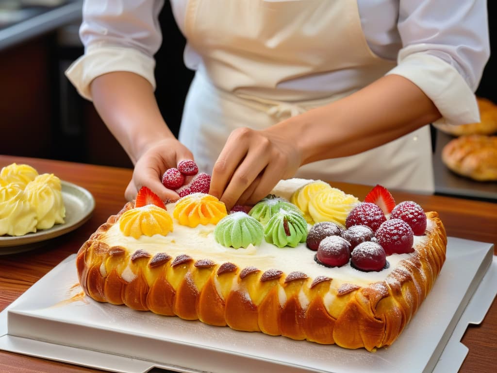  A closeup, ultradetailed image of a diverse group of hands engaged in the process of baking and decorating colorful and intricately designed pastries. Each hand represents a different culture and is delicately placing unique decorations on the pastries, showcasing the beauty of cultural diversity coming together in the art of baking. hyperrealistic, full body, detailed clothing, highly detailed, cinematic lighting, stunningly beautiful, intricate, sharp focus, f/1. 8, 85mm, (centered image composition), (professionally color graded), ((bright soft diffused light)), volumetric fog, trending on instagram, trending on tumblr, HDR 4K, 8K