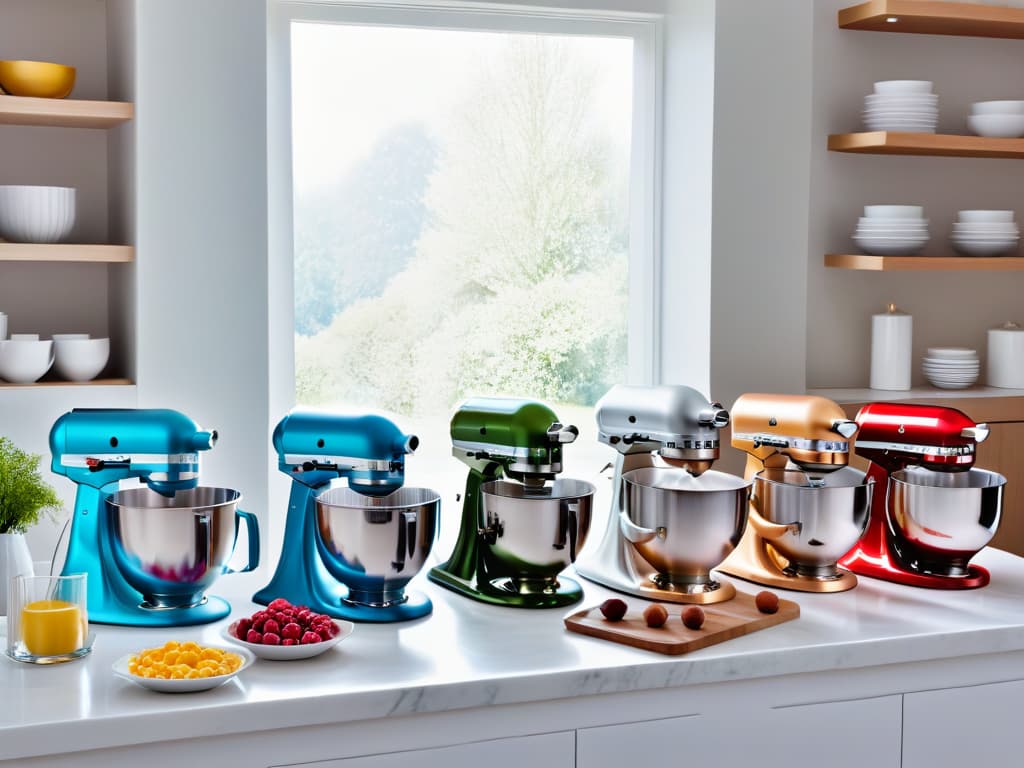  A photorealistic image of a sleek, modern kitchen with marble countertops, filled with natural light streaming in from a large window. In the center of the image, there is a lineup of five topoftheline stand mixers in various pastel colors, each gleaming under the light. The mixers are surrounded by bowls of fresh ingredients like eggs, flour, and berries, creating a visually appealing and aspirational scene for premium baking. hyperrealistic, full body, detailed clothing, highly detailed, cinematic lighting, stunningly beautiful, intricate, sharp focus, f/1. 8, 85mm, (centered image composition), (professionally color graded), ((bright soft diffused light)), volumetric fog, trending on instagram, trending on tumblr, HDR 4K, 8K