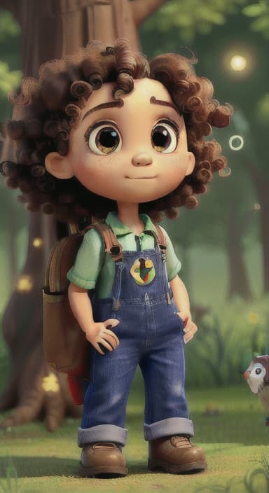  {The tree with a twinkling eye, while its leaves gently rustle., Riley, a curious with big brown eyes and curly hair, wearing overalls and carrying a small backpack. Their friend, Skye, a bluebird with shiny feathers.