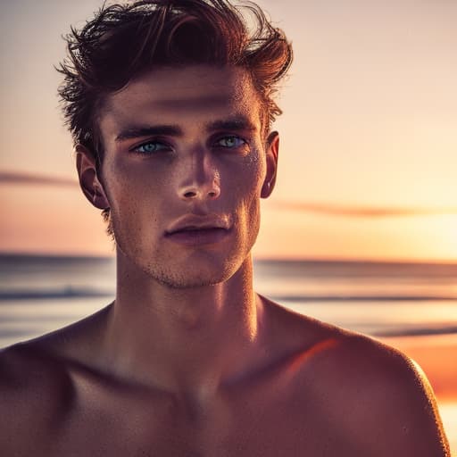 portrait+ style Highly detailed portrait of a male model on the beach at Sunset so gorgeous and so masculine but yet he has a cute and feminine like demeanor