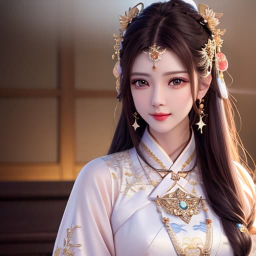  best quality, masterpiece, highres, 1girl,blush,(seductive smile:0.8),star shaped pupils,china hanfu,hair ornament,necklace, jewelry,Beautiful face,upon body, tyndall effect,photorealistic, dark studio, rim lighting, two tone lighting,(high detailed skin:1.2), 8k uhd, dslr, soft lighting, high quality, volumetric lighting, candid, Photograph, high resolution, 4k, 8k, Bokeh hyperrealistic, full body, detailed clothing, highly detailed, cinematic lighting, stunningly beautiful, intricate, sharp focus, f/1. 8, 85mm, (centered image composition), (professionally color graded), ((bright soft diffused light)), volumetric fog, trending on instagram, trending on tumblr, HDR 4K, 8K