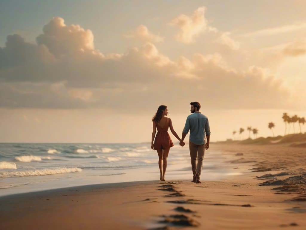  masterpiece, best quality, official art, extremely detailed cg 8k, cinematic film style, shallow depth of field, vignette, highly detailed, high budget, bokeh, cinemascope, moody, epic, gorgeous, film grain, grainy, a couple walking on the beach