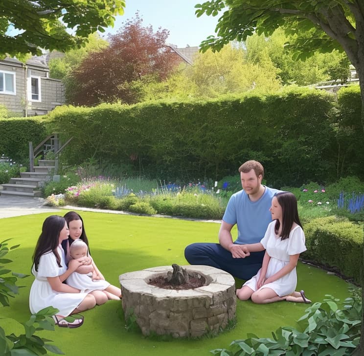  family of 4 sitting in larg garden