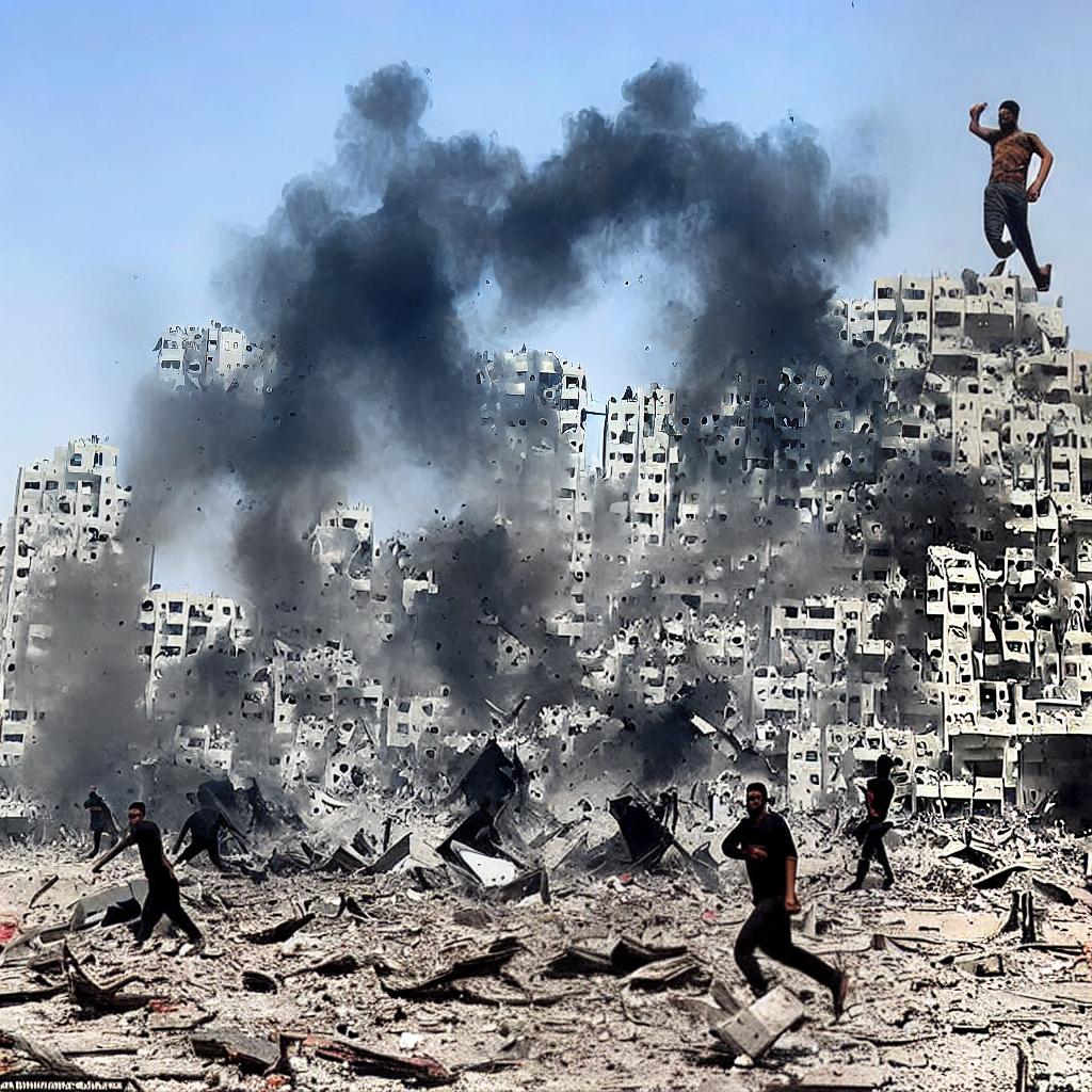  🇵🇸The giant of Palestine🇵🇸 consisting of the wreckage of buildings comes out of the wreckage of destroyed buildings and smoke

The soldiers run away