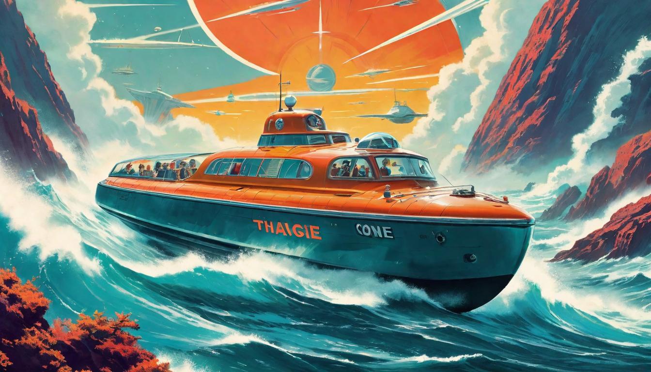  retro futuristic A lifeboat navigating through a sea of distractions, focused journey, essential life clutter avoidance, staying true to one's course, uninterrupted by chaos lvintage sci fi, 50s and 60s style, atomic age, vibrant, highly detailed