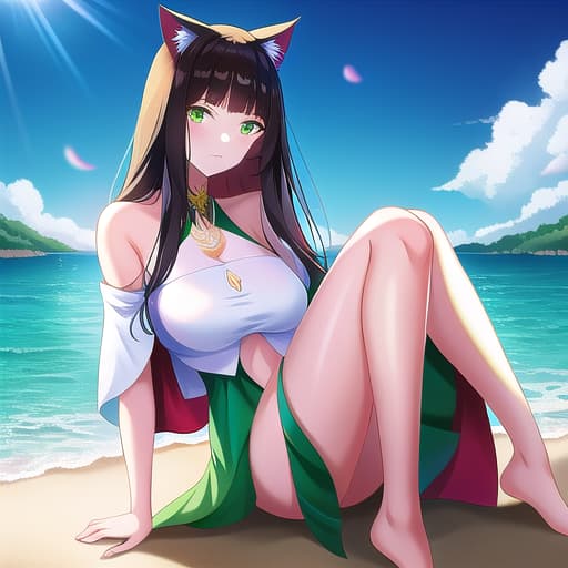  (:1.4), super cute , showing , green eyes, beach, sunshine, full body, cat ears, dark hair, masterpiece, (detailed face), (detailed clothes), f/1.4, ISO 200, 1/160s, 4K, unedited, symmetrical balance, in-frame, masterpiece, perfect lighting, (beautiful face), (detailed face), (detailed clothes), 1 , (woman), 4K, ultrarealistic, unedited, symmetrical balance, in-frame