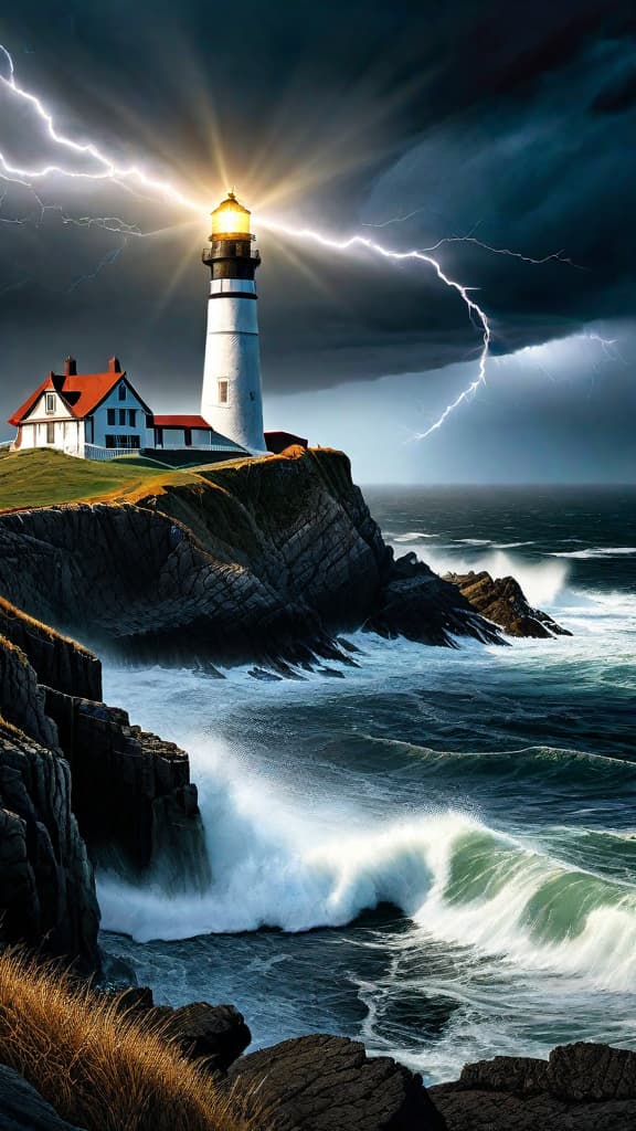  (A rugged, weathered lighthouse standing tall on a rocky coastal outcrop, with waves crashing against the cliffs below. The night sky is stormy, with dark clouds and flashes of lightning in the distance. A golden beam of light shines out from the lighthouse, casting a shimmering path across the restless, churning sea.) hyperrealistic, full body, detailed clothing, highly detailed, cinematic lighting, stunningly beautiful, intricate, sharp focus, f/1. 8, 85mm, (centered image composition), (professionally color graded), ((bright soft diffused light)), volumetric fog, trending on instagram, trending on tumblr, HDR 4K, 8K