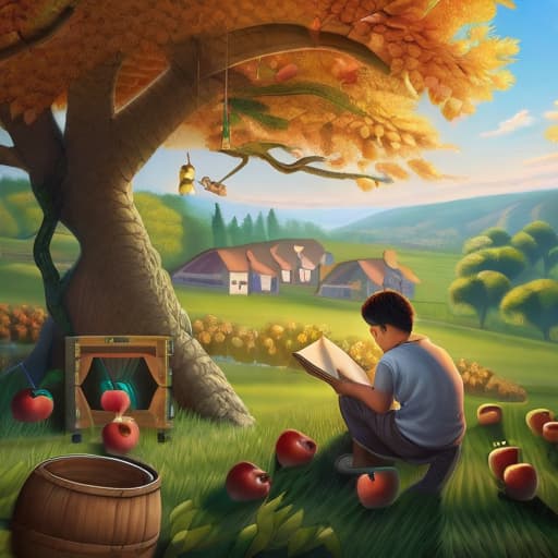  "Generate an image of a young boy with remarkable drawing skills, sitting under a village apple tree, drawing an amazingly detailed image of the tree. The villagers are admiring his work and the boy is smiling happily, pleased with his masterpiece. The background is a serene fall village with a lush apple tree filling the village with fresh apple fragrance. Include various forest animals and villagers who are amazed by the boy's talent. The style of the image should be warm and cheerful, emphasizing the green apple tree and stunning autumn natural landscapes, thus conveying a comfortable and happy sentiment."((masterpiece)), best quality, very detailed, high resolution, sharp, sharp image, extremely detailed, 4k, 8k, in-frame hyperrealistic, full body, detailed clothing, highly detailed, cinematic lighting, stunningly beautiful, intricate, sharp focus, f/1. 8, 85mm, (centered image composition), (professionally color graded), ((bright soft diffused light)), volumetric fog, trending on instagram, trending on tumblr, HDR 4K, 8K