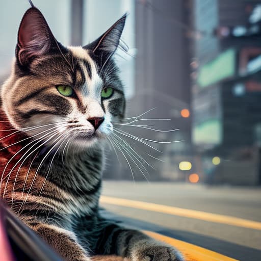 nvinkpunk Realistic image of a cat wearing headphones and reading glasses while riding a bus., 4k hyperrealistic, full body, detailed clothing, highly detailed, cinematic lighting, stunningly beautiful, intricate, sharp focus, f/1. 8, 85mm, (centered image composition), (professionally color graded), ((bright soft diffused light)), volumetric fog, trending on instagram, trending on tumblr, HDR 4K, 8K